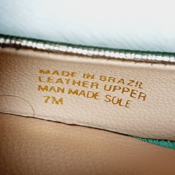 Lilly Pulitzer, Jewel Green Suede Flat Shoes, Size 7M, Gold Trim, Bow, Squared - Picture 4 of 16